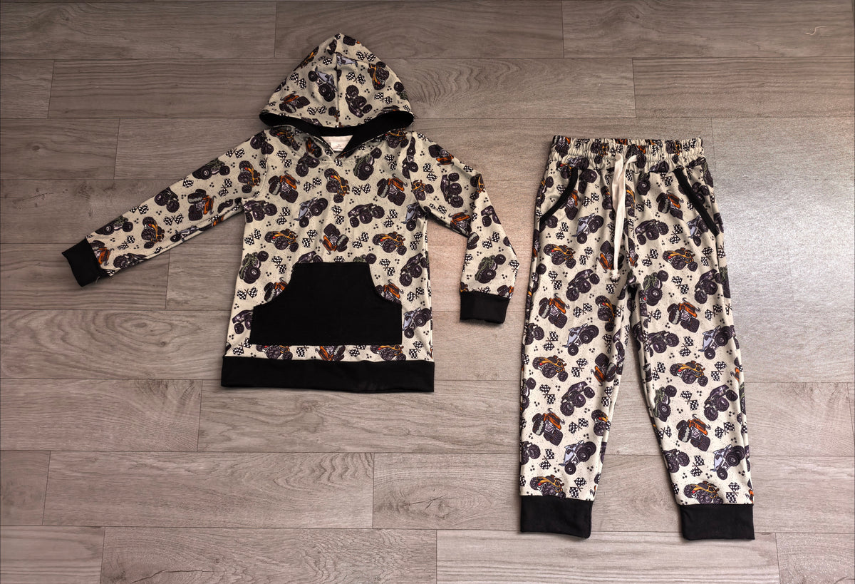 Sample-Real Pics BLP1511 Baby Boy Clothes Monster Truck Mixed Print Long Sleeve Hoodie Jogger Pant Set