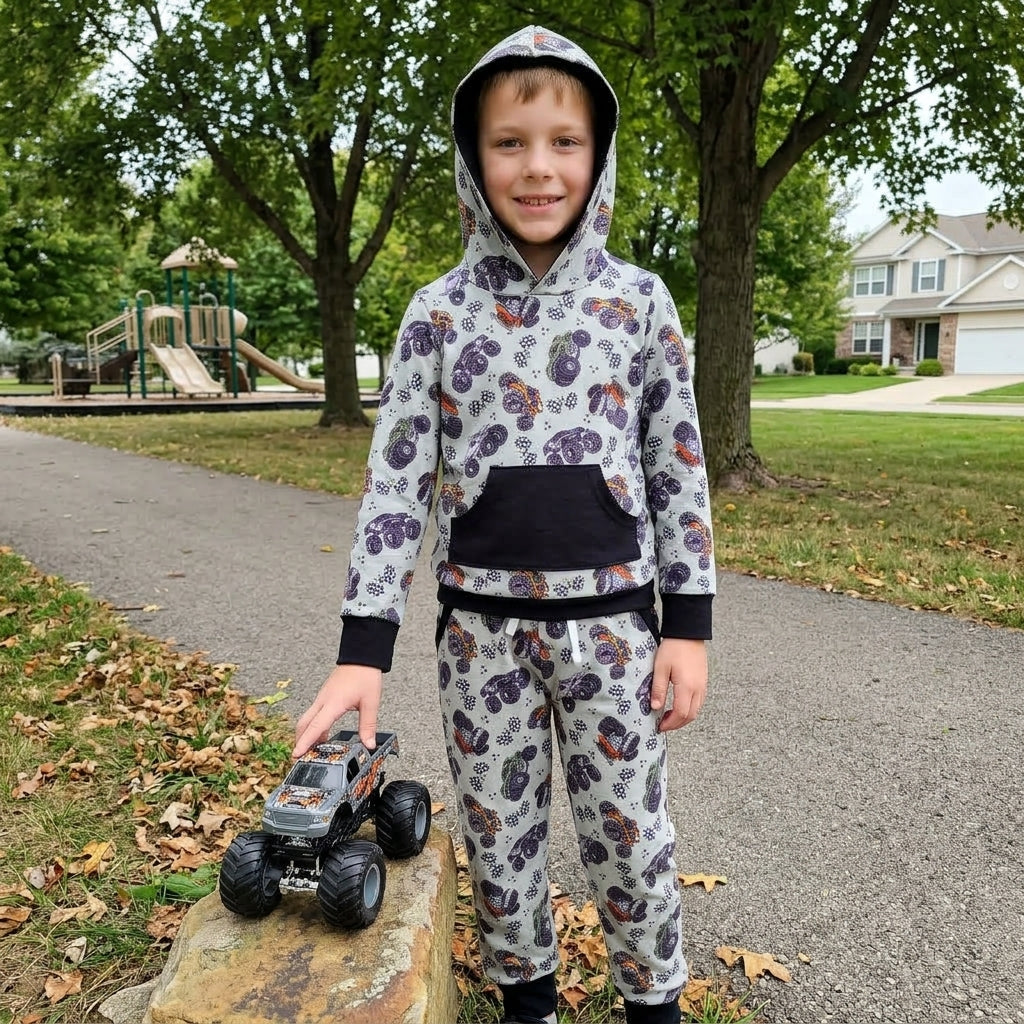 NO MOQ RTS BLP1511 Baby Boy Clothes Monster Truck Allover Print Long Sleeve Hoodie Jogger Pant Set 202610