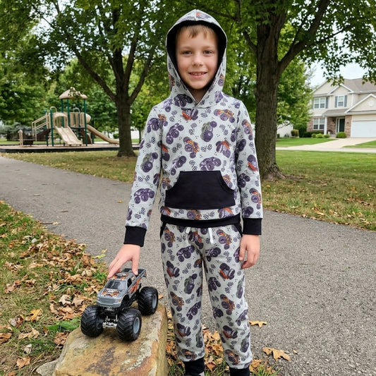 NO MOQ RTS BLP1511 Baby Boy Clothes Monster Truck Allover Print Long Sleeve Hoodie Jogger Pant Set 202610