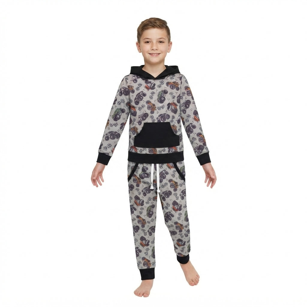 NO MOQ RTS BLP1511 Baby Boy Clothes Monster Truck Allover Print Long Sleeve Hoodie Jogger Pant Set 202610