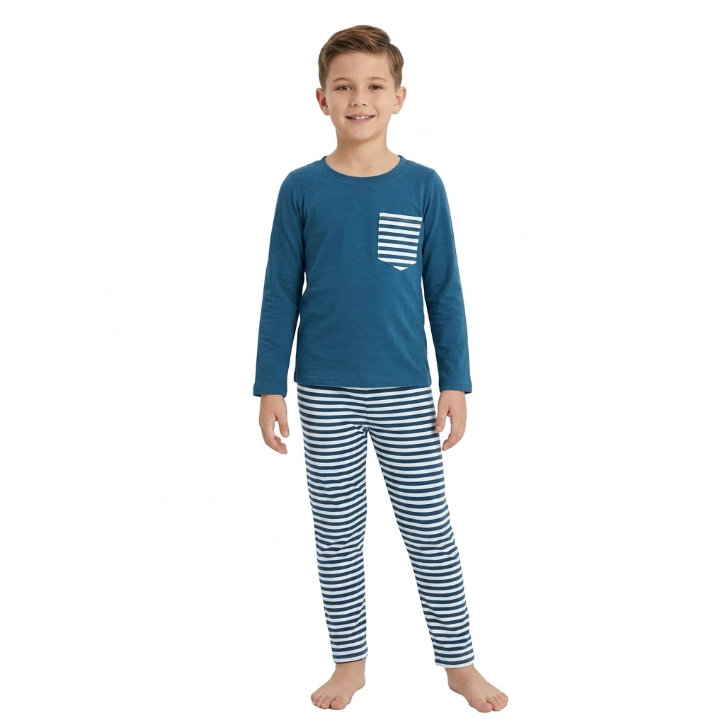 NO MOQ RTS BLP1512 Baby Boy Clothes Navy Stripe Pocket Print Long Sleeve Pant Set 202610