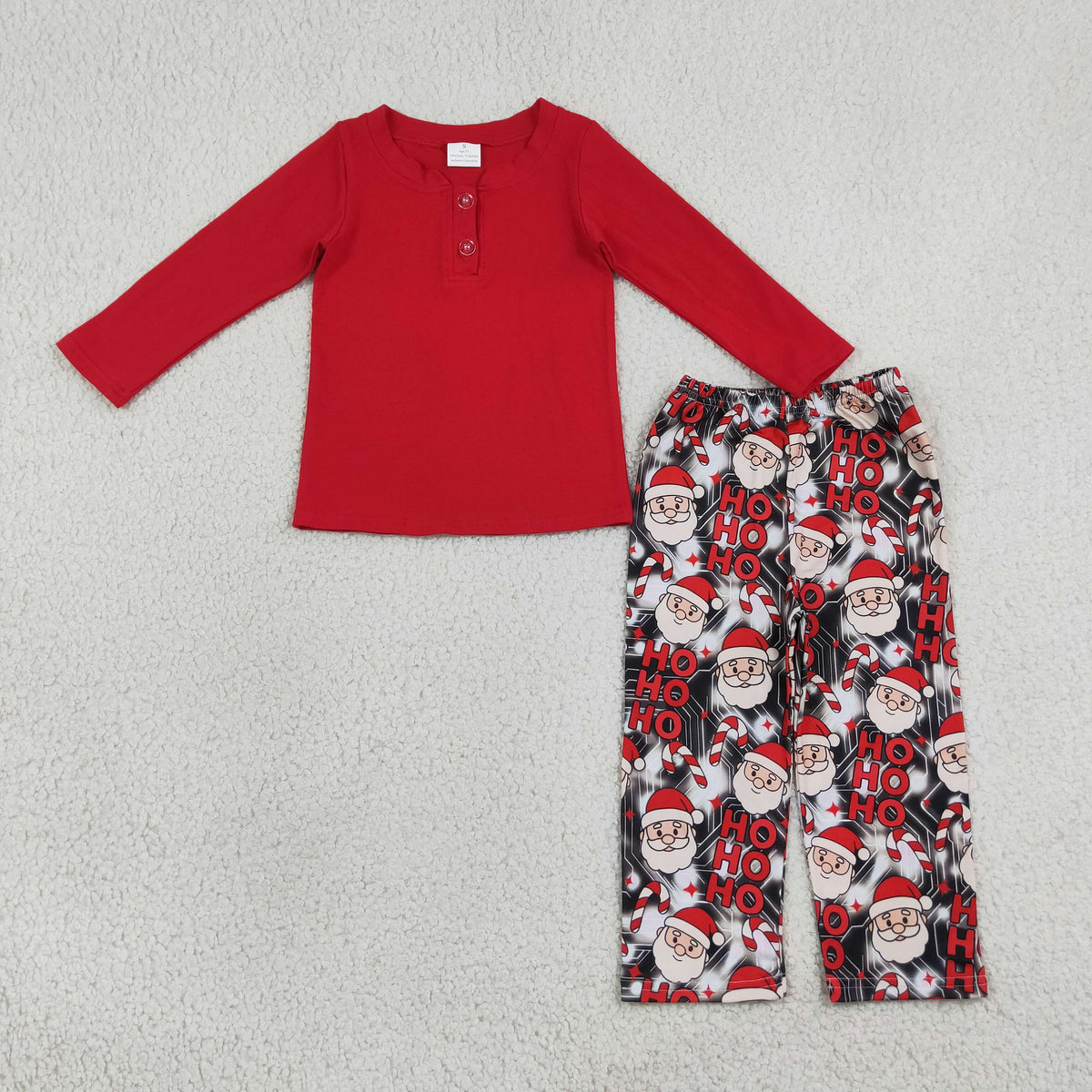 NO MOQ RTS BLP1513 Baby Girl Clothes Santa Ho Ho Ho Candy Cane Print Long Sleeve Henley Top Pant Pajama Outfit 202609