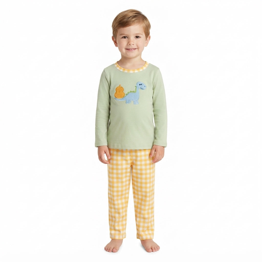 NO MOQ RTS BLP1515-embroidery (2) Baby Boy Clothes Dinosaur Pumpkin Embroidery Long Sleeve Top Gingham Pant Set 202609