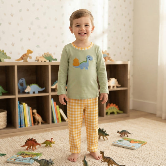 NO MOQ RTS BLP1515-embroidery (2) Baby Boy Clothes Dinosaur Pumpkin Embroidery Long Sleeve Top Gingham Pant Set 202609