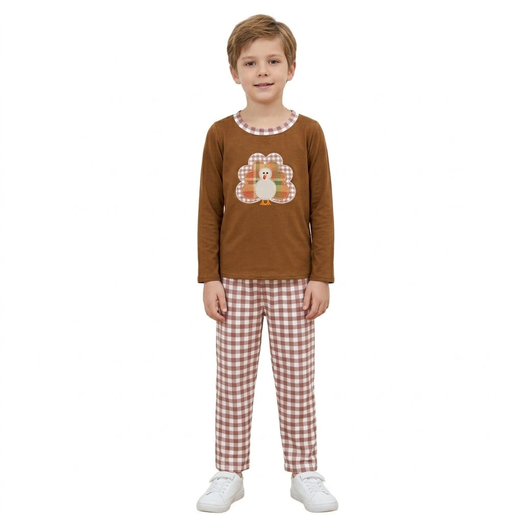 NO MOQ RTS BLP1516-embroidery Baby Girl Clothes Thanksgiving Turkey Applique Print Long Sleeve Top Plaid Pant Set 202610