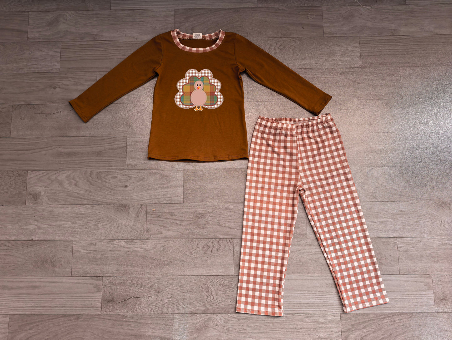 RTS BLP1516 Thanksgiving Embroidery Long Sleeve Top Gingham Pants Girls Outfit 202608