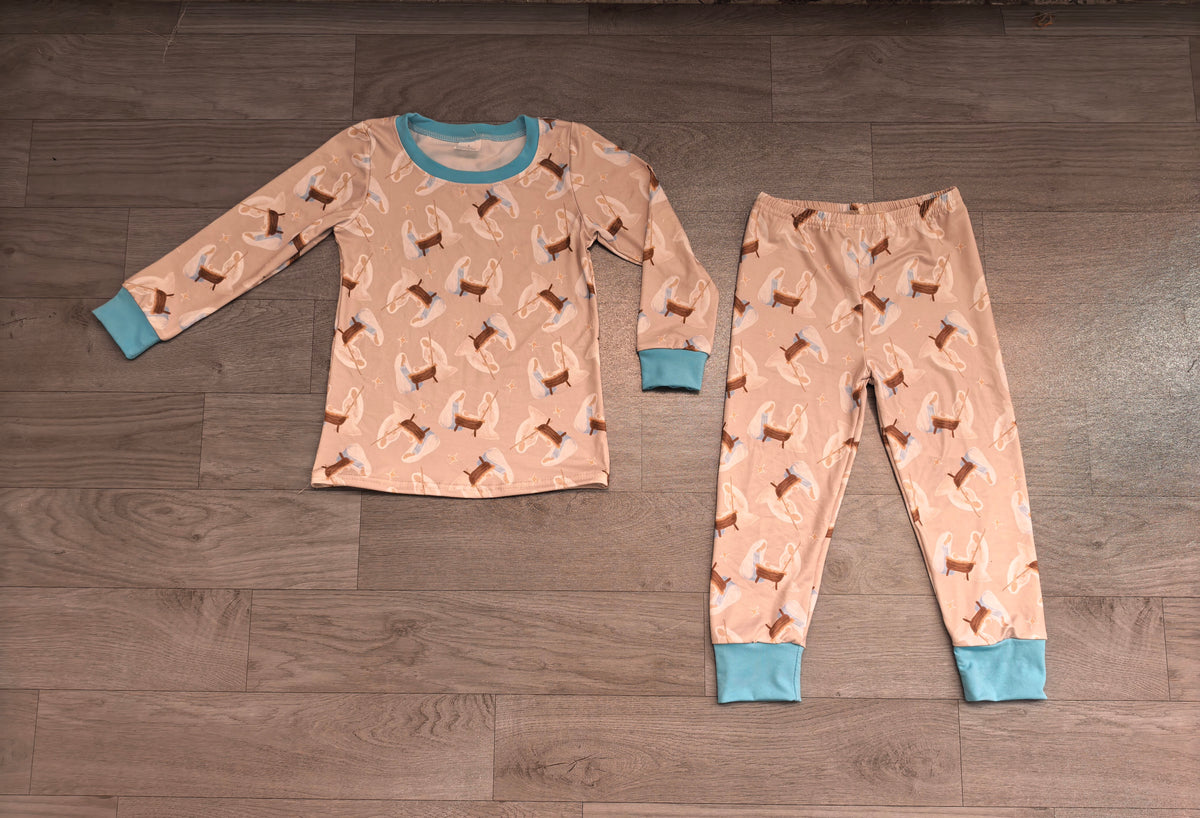 Sample-Real Pics BLP1535Baby Girl Clothes Nativity Scene Allover Print Long Sleeve Cuff Top And Pant Pajama Set