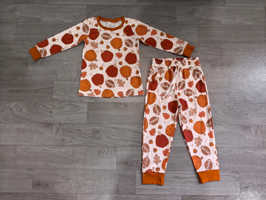 RTS BLP1539 BT1928+P1197 Fall Pumpkin Nut Print Kids Long Sleeve Top Pant 2Pcs Set
