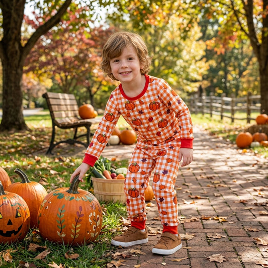 NO MOQ RTS BLP1540 BT1929+P1198 Plaid Pumpkin Print Kids 2 Piece Long Sleeve Outfit