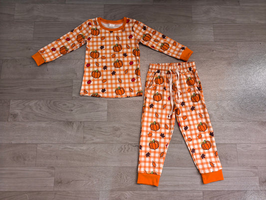 RTS BLP1540 BT1929+P1198 Plaid Pumpkin Print Kids 2 Piece Long Sleeve Outfit