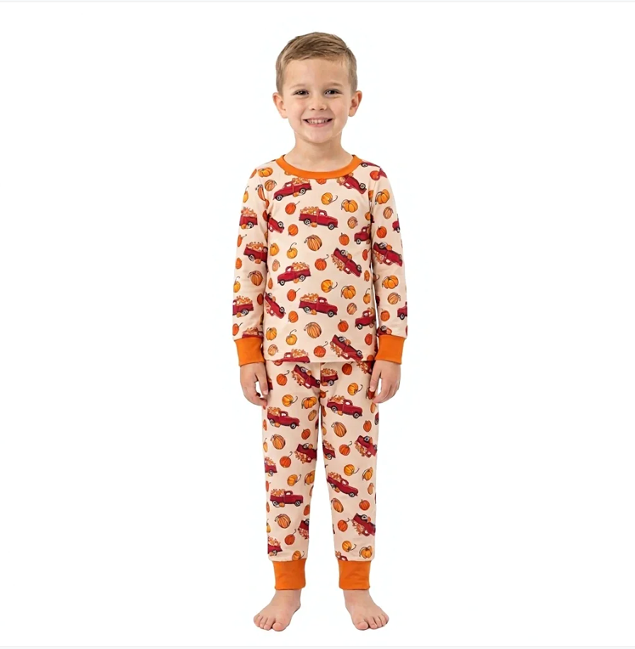 NO MOQ RTS BLP1541 Baby Boy Clothes Pumpkin Red Truck Print Long Sleeve Pajama Set 202609