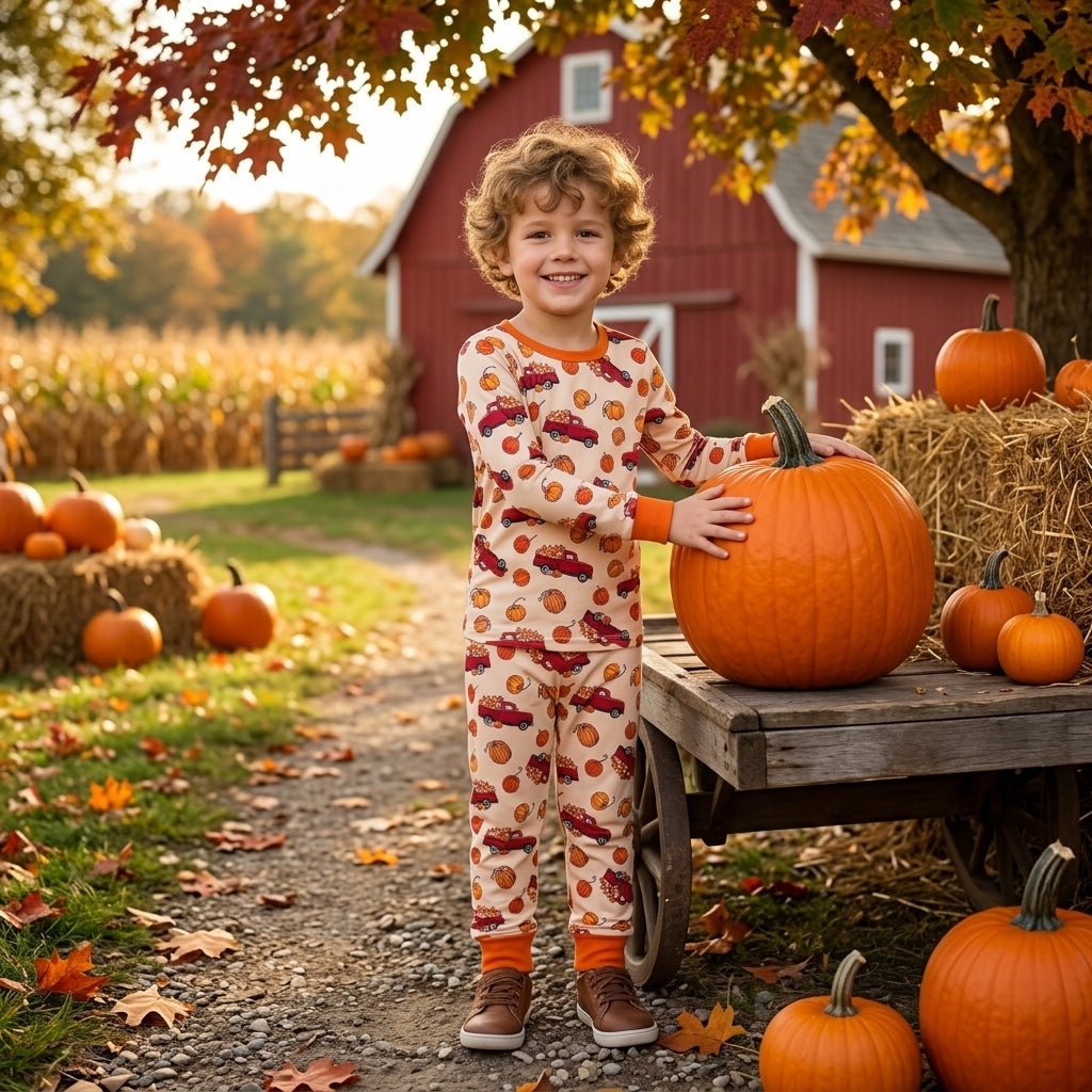 NO MOQ RTS BLP1541 Baby Boy Clothes Pumpkin Red Truck Print Long Sleeve Pajama Set 202609