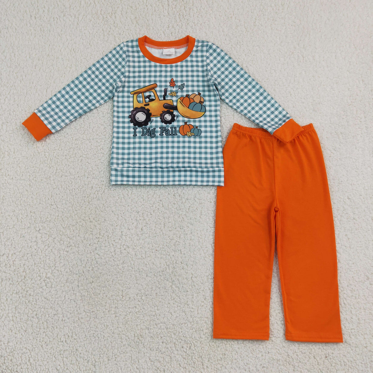 NO MOQ RTS BLP1542 Baby Boy Clothes Green Gingham Tractor Pumpkin I Dig Fall Print Long Sleeve Top Solid Orange Pant Outfit 202609