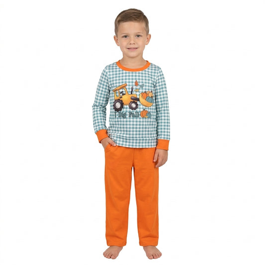 NO MOQ RTS BLP1542 Baby Boy Clothes Green Gingham Tractor Pumpkin I Dig Fall Print Long Sleeve Top Solid Orange Pant Outfit 202609