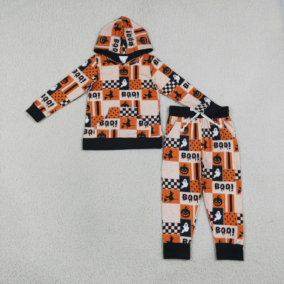 NO MOQ RTS BLP1544Baby Boy Clothes Halloween Patchwork Ghost Witch Boo Print Long Sleeve Hoodie Jogger Pant Set 202609