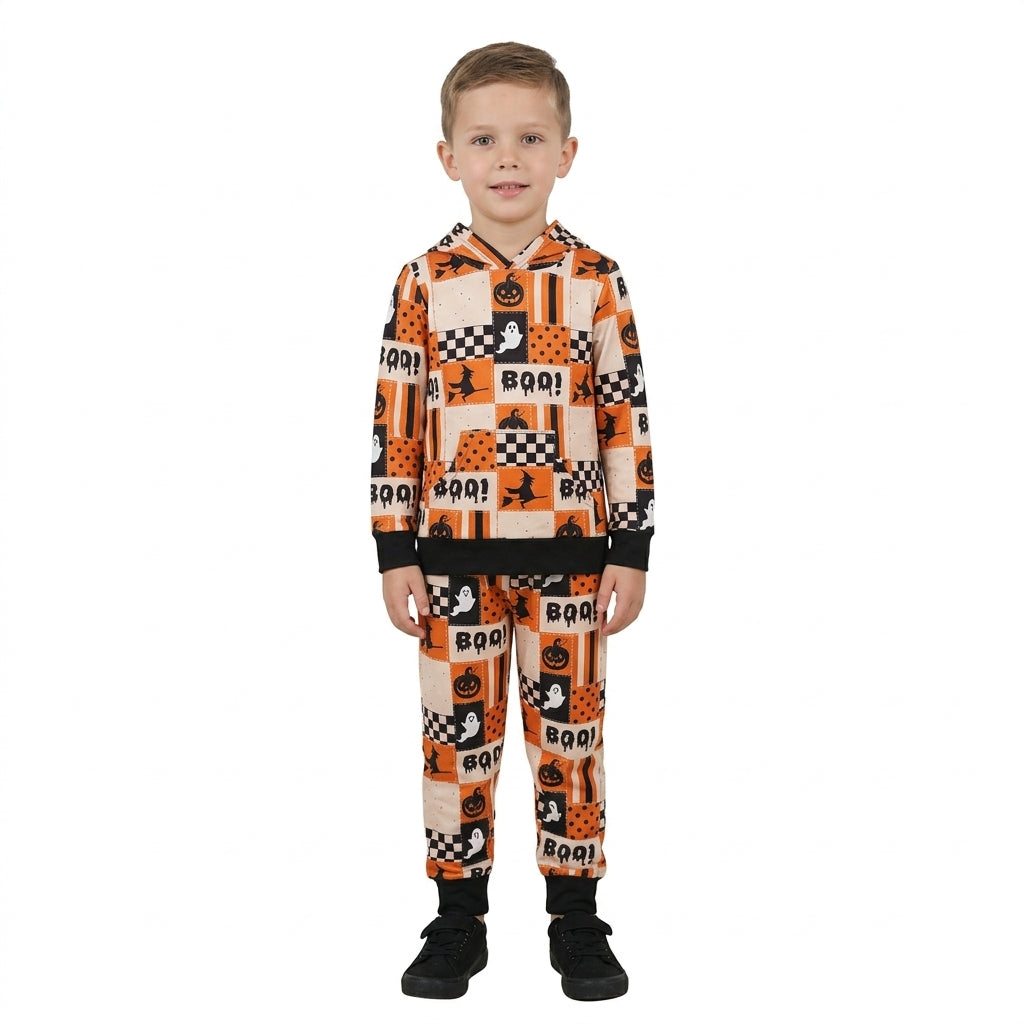 NO MOQ RTS BLP1544Baby Boy Clothes Halloween Patchwork Ghost Witch Boo Print Long Sleeve Hoodie Jogger Pant Set 202609