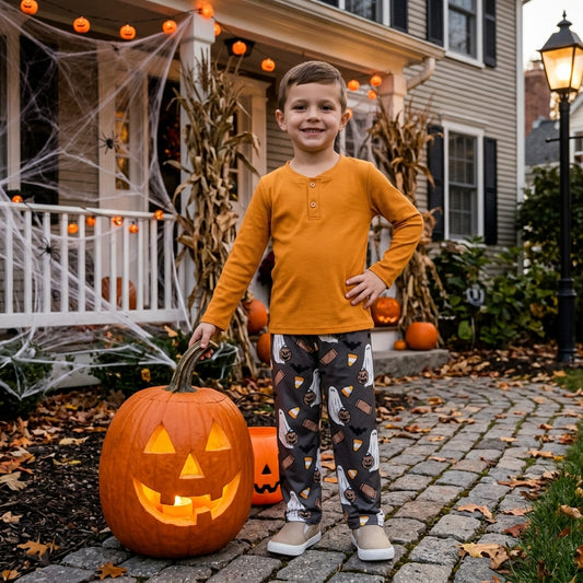 NO MOQ RTS BLP1546 Halloween Ghost Print Kids 2 Piece Outfit Solid Long Sleeve Top & Printed Long Pants Set