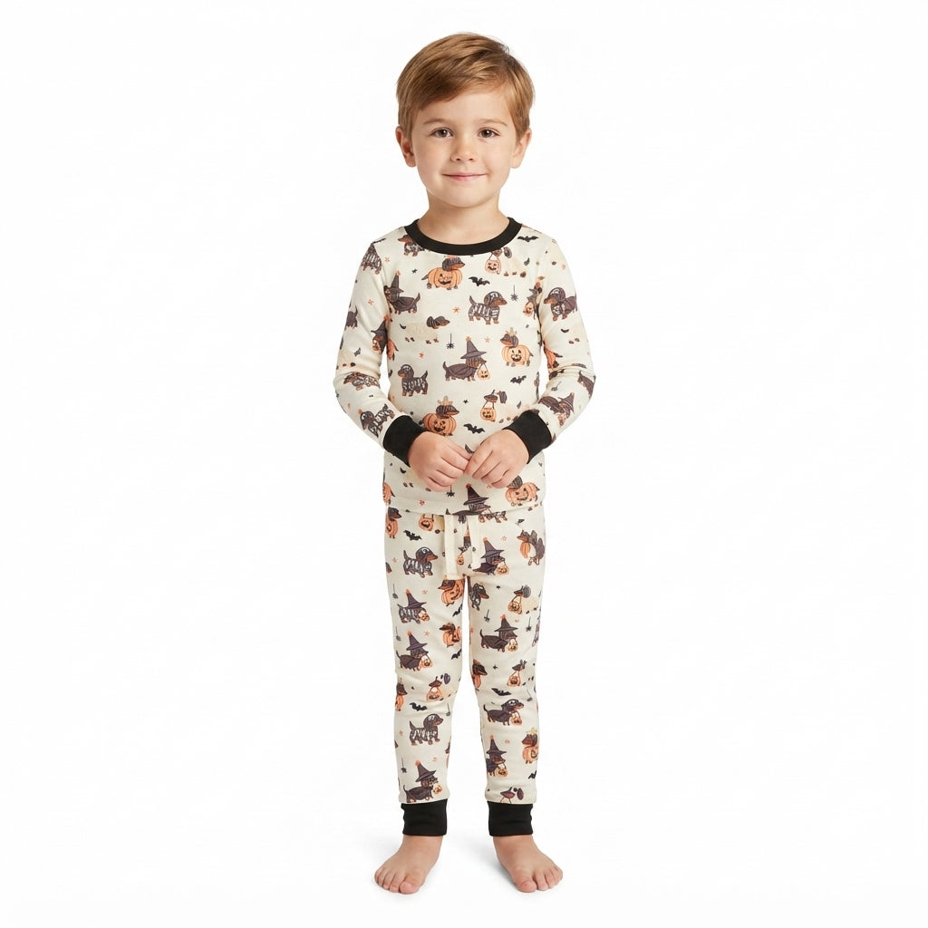 NO MOQ RTS BLP1548 (2)Baby Boy Clothes Halloween Dachshund Dog Pumpkin Print Long Sleeve Pajama Set 202609
