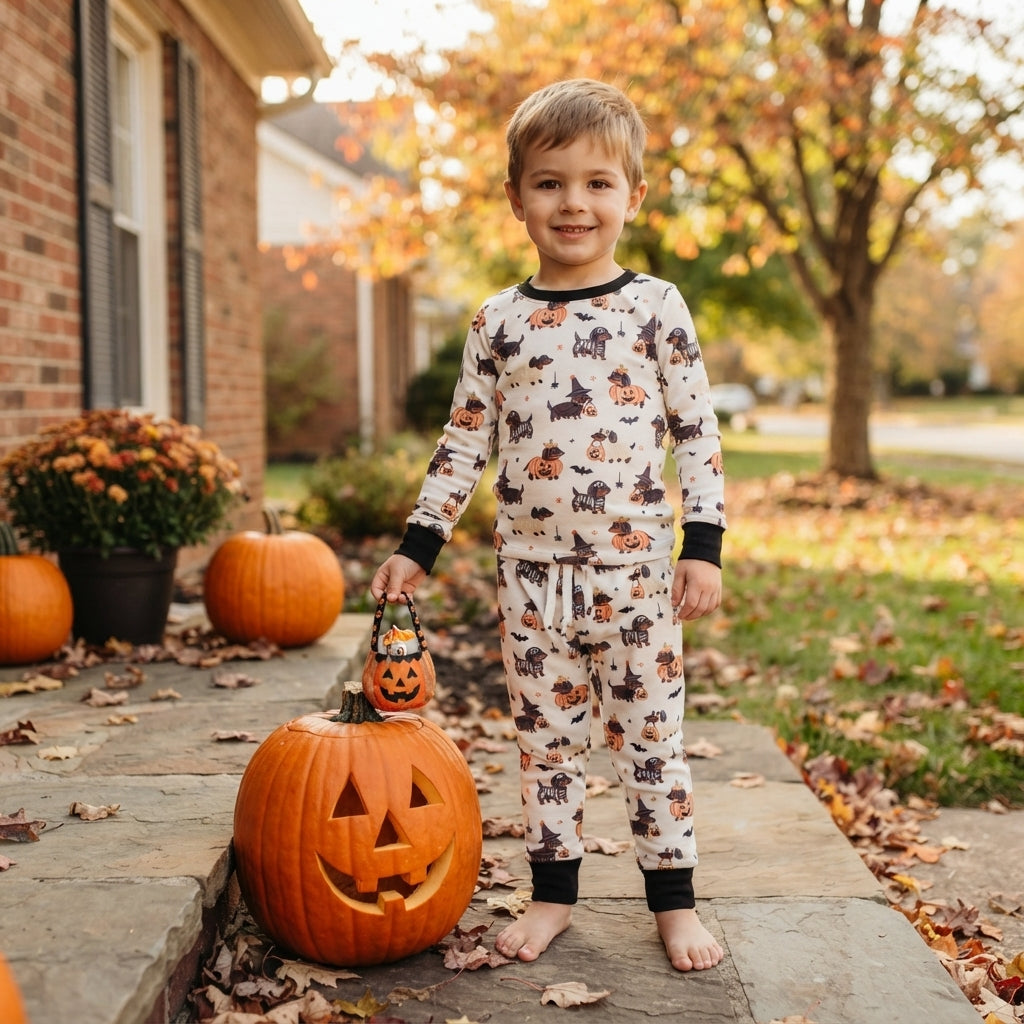 NO MOQ RTS BLP1548 (2)Baby Boy Clothes Halloween Dachshund Dog Pumpkin Print Long Sleeve Pajama Set 202609