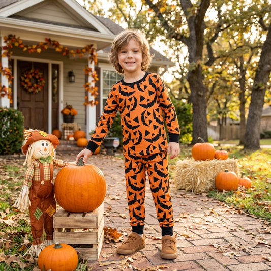 NO MOQ RTS BLP1549 Halloween Pumpkin Print Long Sleeve Top Jogger Pants Girls Outfit 202609
