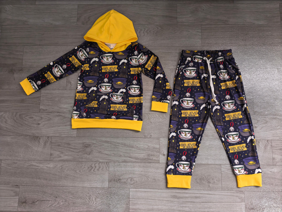 Sample-Real Pics BLP1552 Baby Boy Clothes Train Cup Graphic Print Long Sleeve Hoodie Top Pants Outfit Set