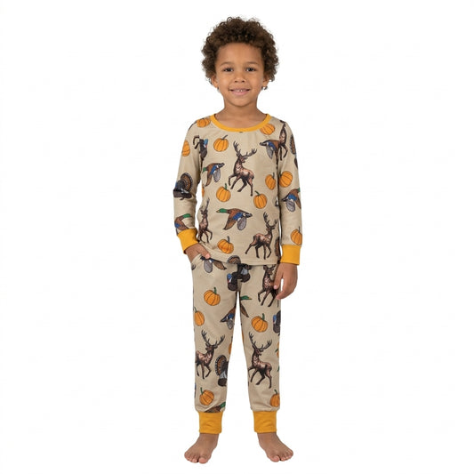 NO MOQ RTS BLP1556 Baby Boy Clothes Deer Turkey Duck Pumpkin Hunting Print Long Sleeve Cuff Pajama Set 202609