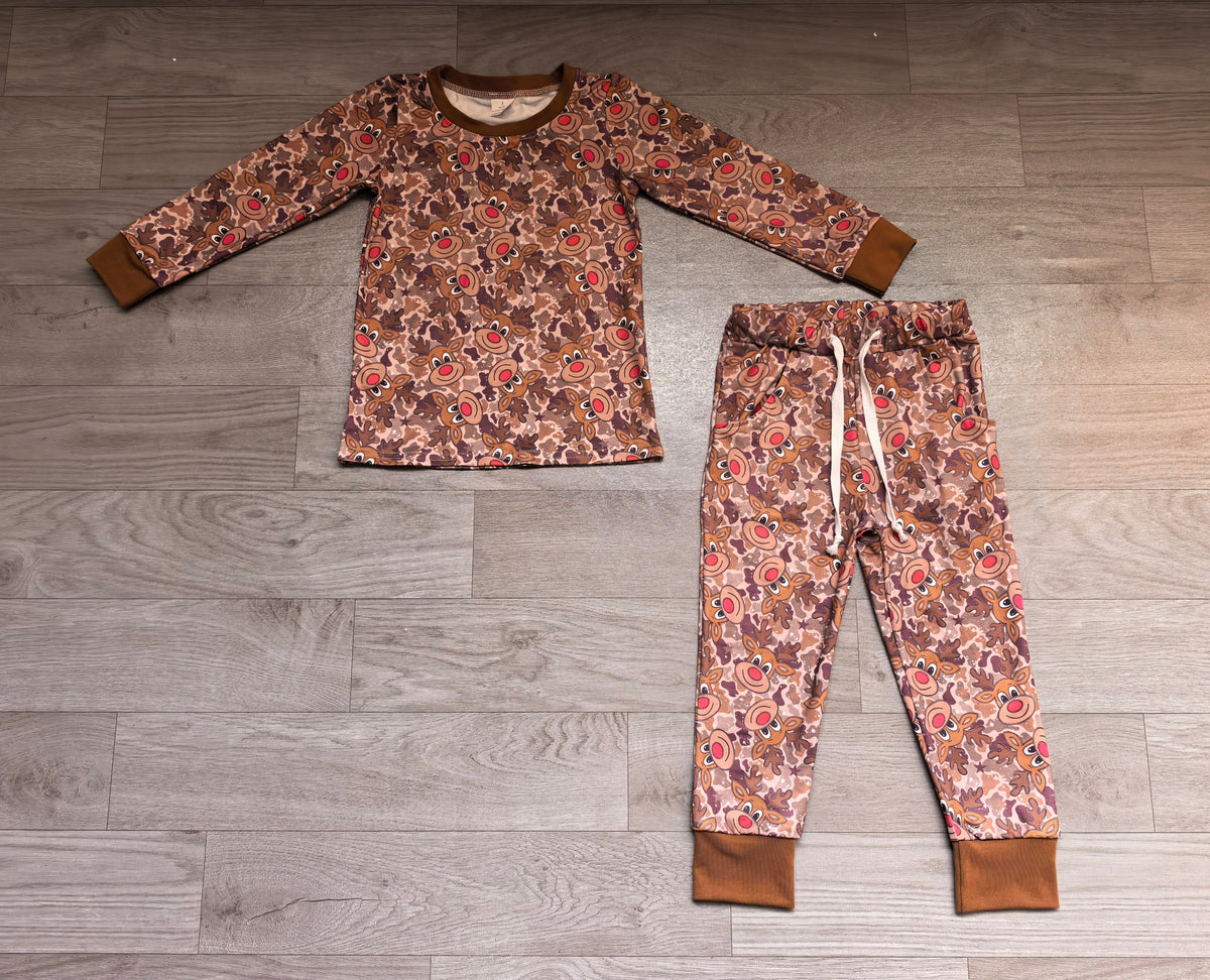 Sample-Real Pics BLP1557 Baby Boy Clothes Cartoon Reindeer Camo Print Long Sleeve Straight Pant Set