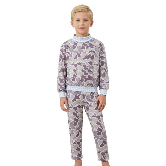 NO MOQ RTS BT1922 Boy Clothes Purple Camo Mixed Gingham Print Long Sleeve Mock Neck Pullover Top 202610