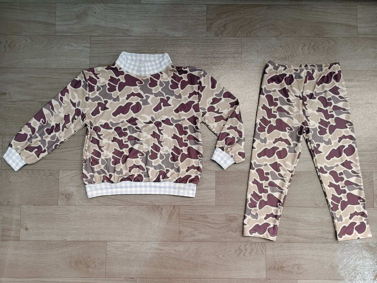 Sample-Real Pics BLP1567 Baby Girl Clothes Purple Camo Gingham Contrast Print Long Sleeve Pant Set