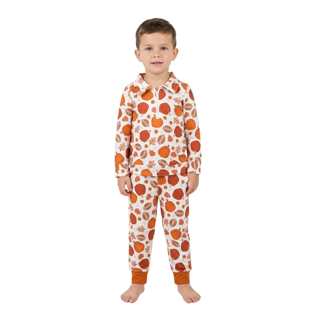 NO MOQ RTS BT1894 Baby Boy Clothes Pumpkin Apple Football Leaf Print Long Sleeve Half Zip Collar Top 202609