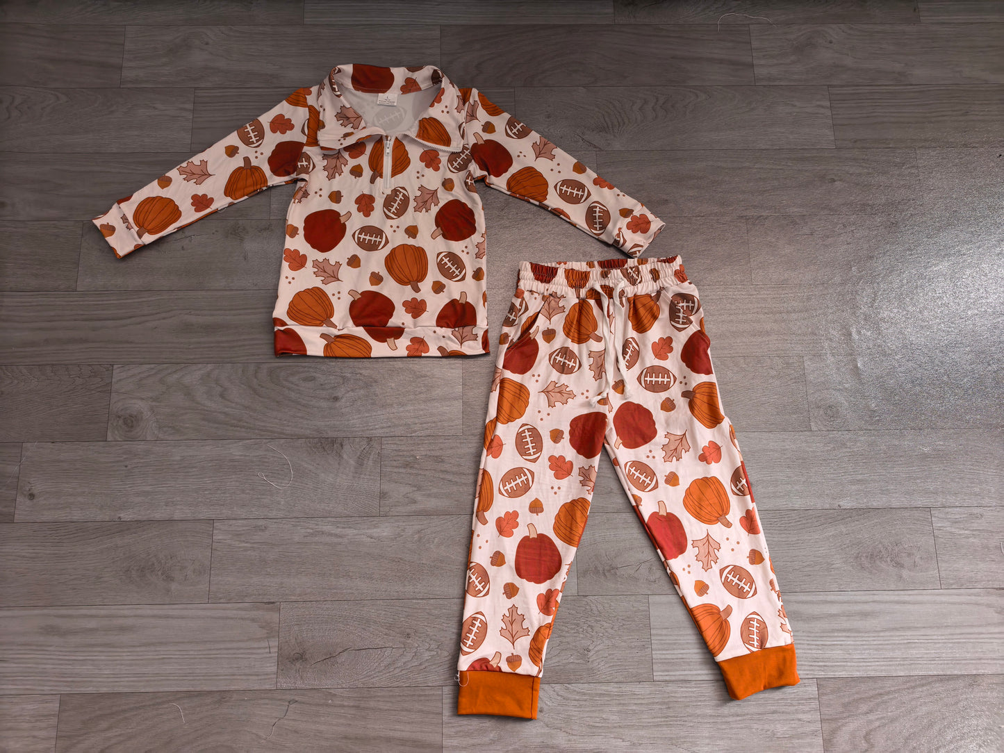 RTS BLP1573 BT1894+P1197 Fall Harvest Pumpkin Leaf Print Kids 2‑Piece Loungewear Set