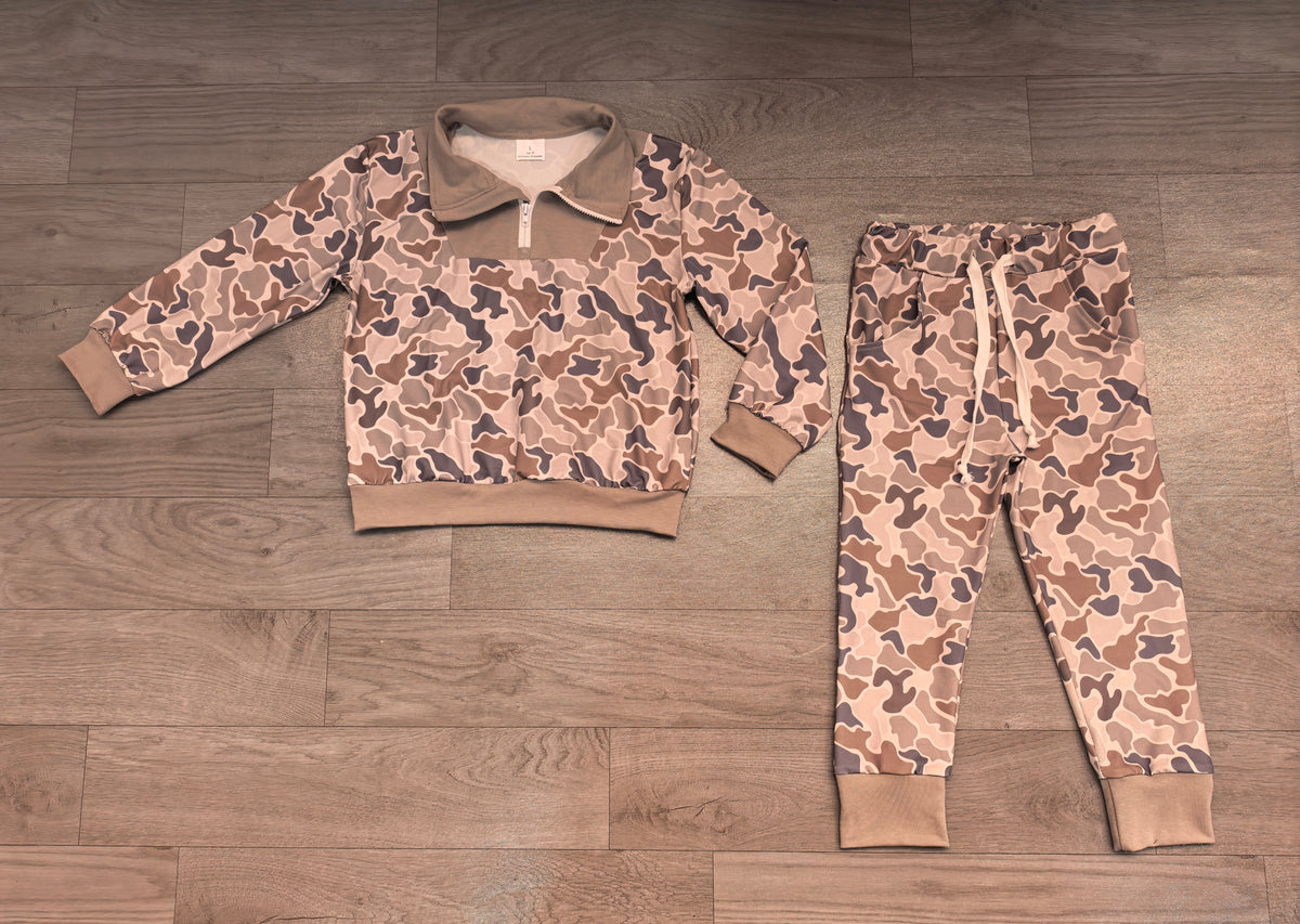 Sample-Real Pics BLP1577 Baby Boy Clothes Neutral Camo Allover Print Long Sleeve Half Zip Top Jogger Pant Set
