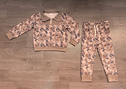 Sample-Real Pics BLP1577 Baby Boy Clothes Neutral Camo Allover Print Long Sleeve Half Zip Top Jogger Pant Set