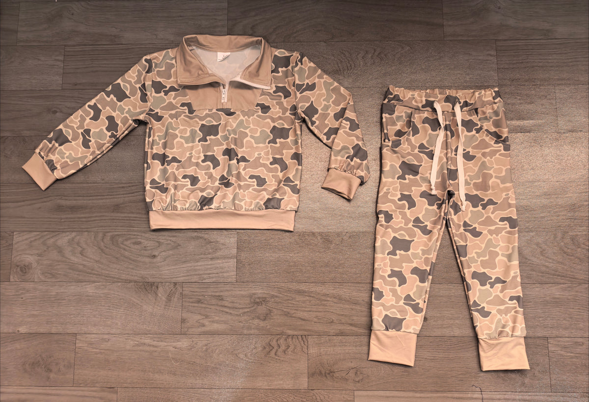 Sample-Real Pics BLP1588 Baby Boy Clothes Light Camo Allover Print Long Sleeve Half Zip Top Jogger Pant Set
