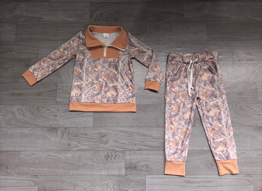 Sample-Real Pics BLP1589 Baby Boy Clothes Fall Maple Camo Print Long Sleeve Half Zip Top Jogger Pant Set