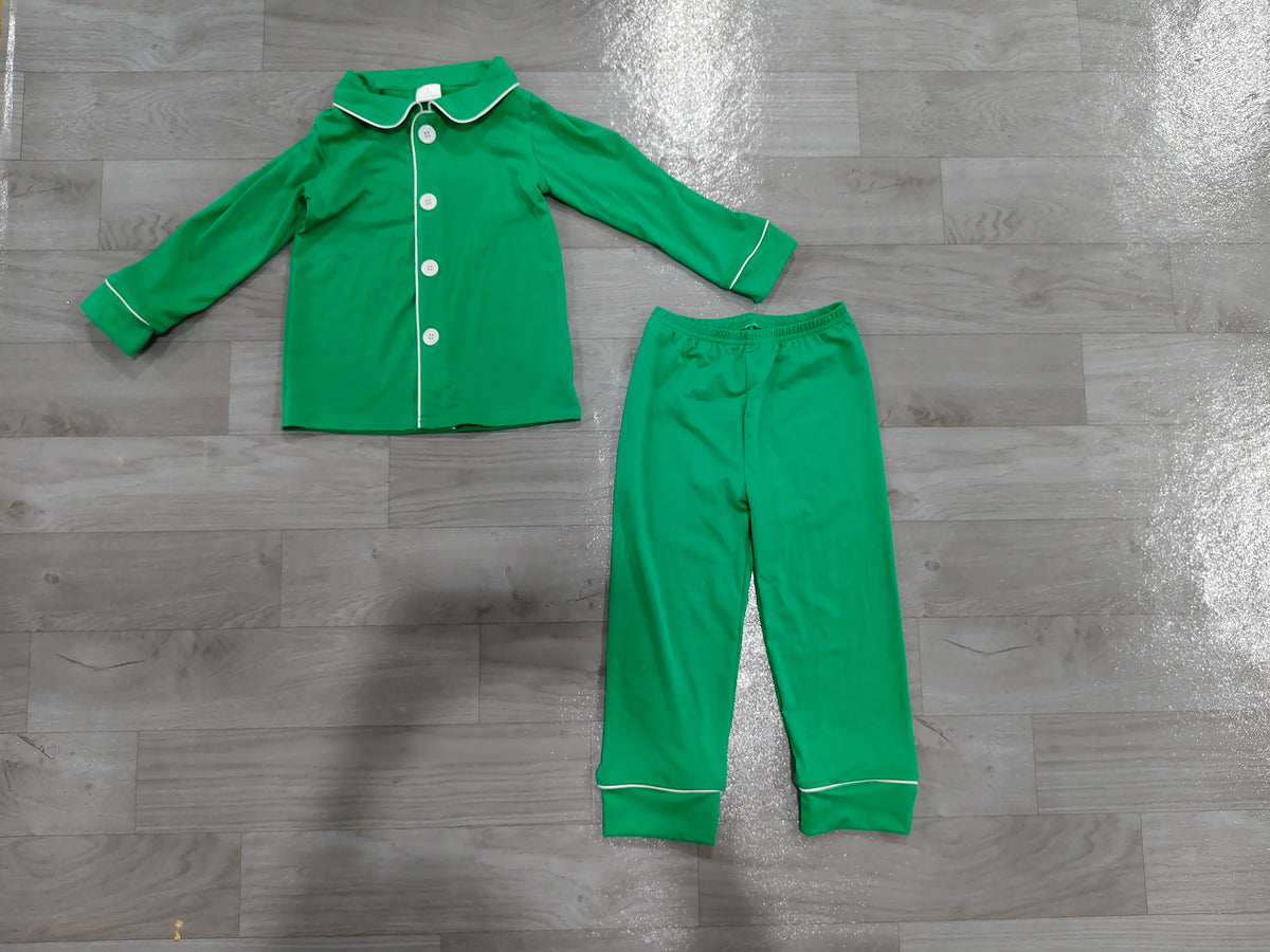 Sample-Real Pics BLP1594 Baby Girl Clothes Solid Green Contrast Piping Print Long Sleeve Pajama Set