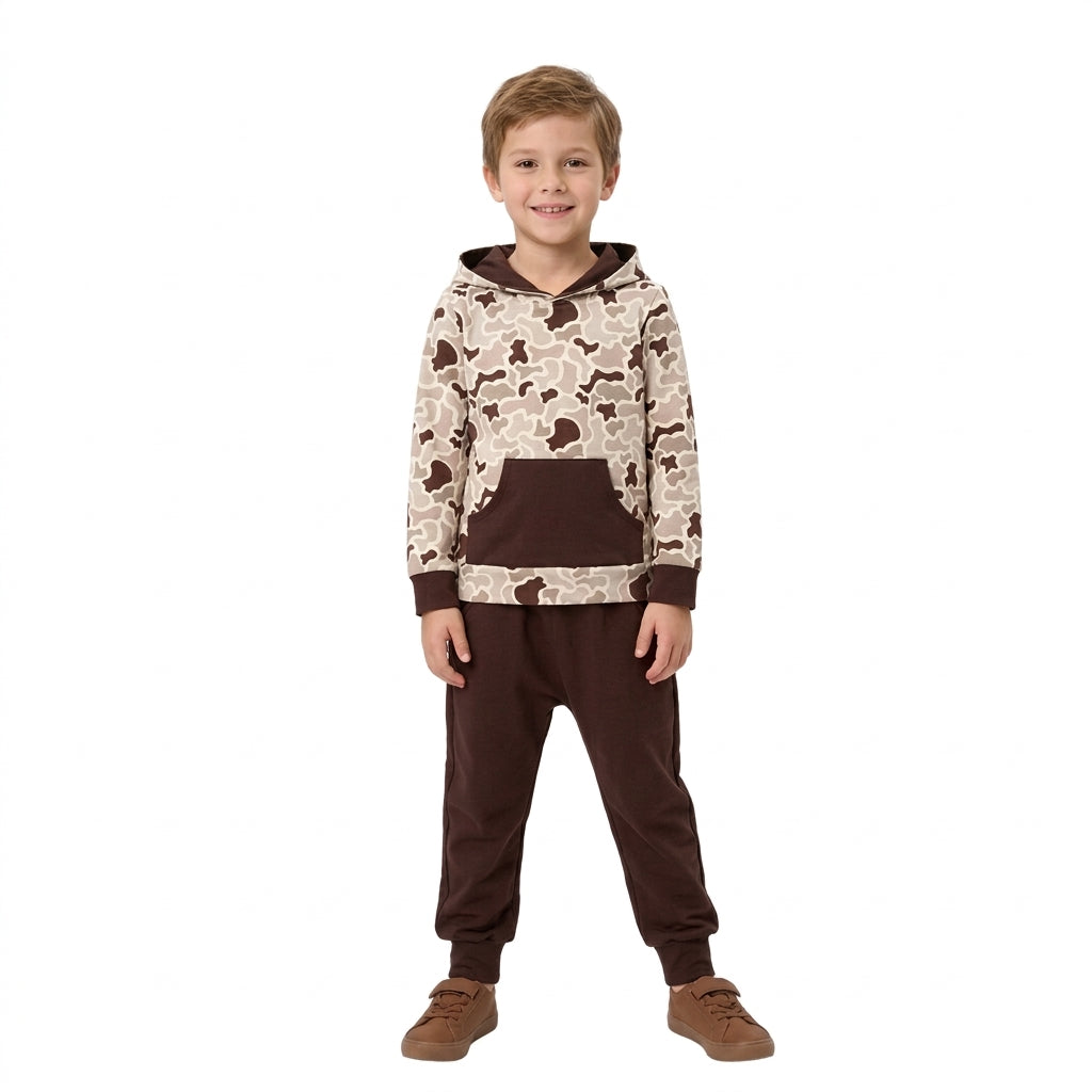 NO MOQ RTS BLP1598 Baby Boy Clothes Brown Cow Camo Print Long Sleeve Hooded Top Jogger Pant Outfit Set 202610