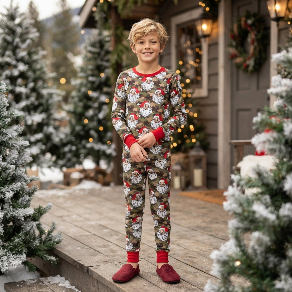 NO MOQ RTS BLP1600 Baby Boy Clothes Camo Santa Mixed Print Long Sleeve Pant Pajama Set 202610