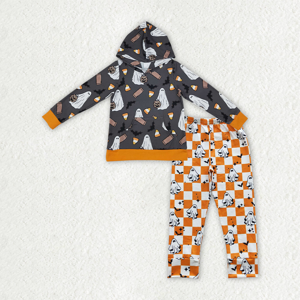 NO MOQ RTS BLP1607-bundle Baby Clothes Halloween Ghost Candy Corn Hooded Top Orange Checkered Ghost Pants Set 202609