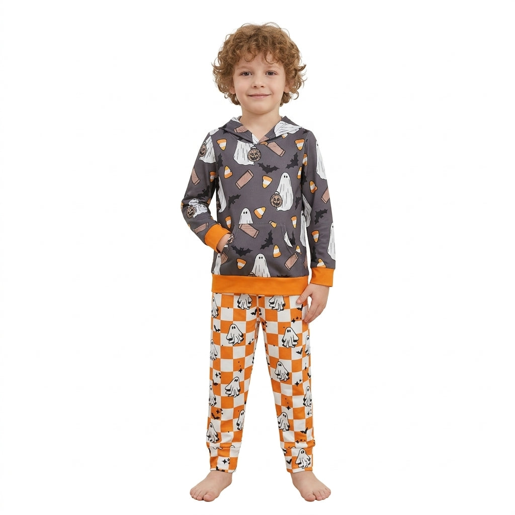 NO MOQ RTS BLP1607-bundle Baby Clothes Halloween Ghost Candy Corn Hooded Top Orange Checkered Ghost Pants Set 202609