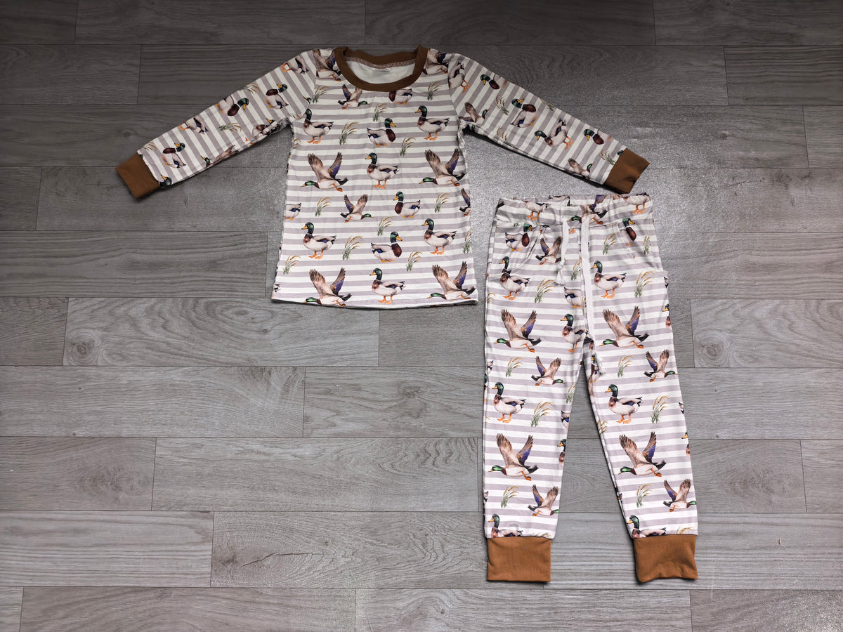 Sample-Real Pics BLP1609 Baby Boy Clothes Mallard Duck Striped Allover Print Long Sleeve Pajama Pant Set