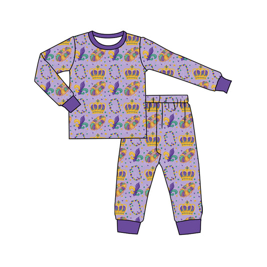 Preorder BLP1610 Baby Boy Clothes Mardi Gras Crown Fleur-de-lis Print Long-sleeve Pajama Loungewear Set