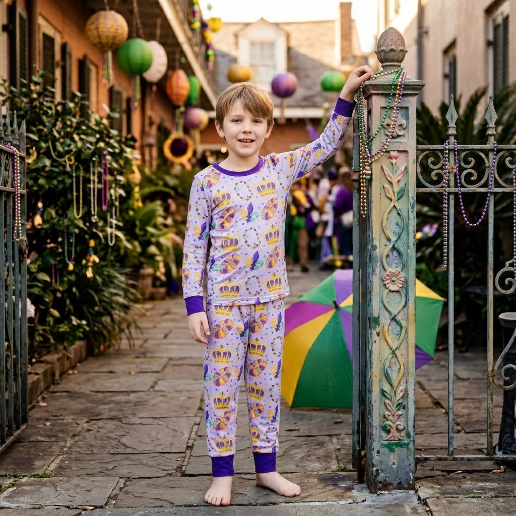 NO MOQ RTS BLP1610 Baby Girl Clothes Mardi Gras Crown Bead Fleur De Lis Print Long Sleeve Pajama Set 202610