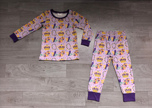 Sample-Real Pics BLP1610 Baby Girl Clothes Mardi Gras Crown Bead Allover Print Long Sleeve Pajama Pant Set