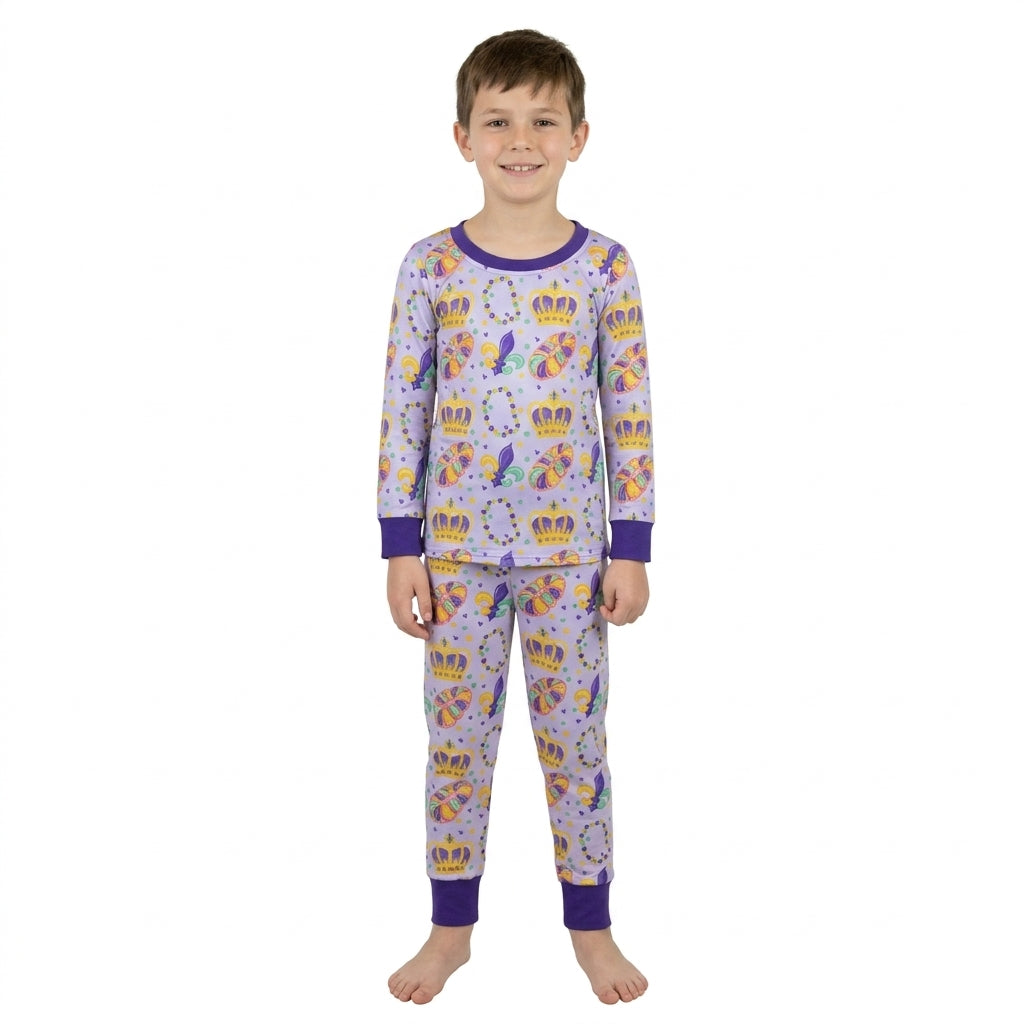 NO MOQ RTS BLP1610 Baby Girl Clothes Mardi Gras Crown Bead Fleur De Lis Print Long Sleeve Pajama Set 202610