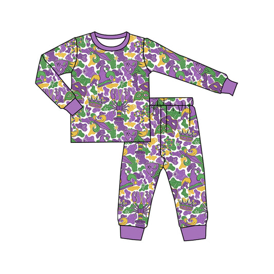 Preorder BLP1611 Baby Boy Clothes Mardi Gras Mask Crawfish Camo Print Long‑sleeve Pajama Loungewear Set