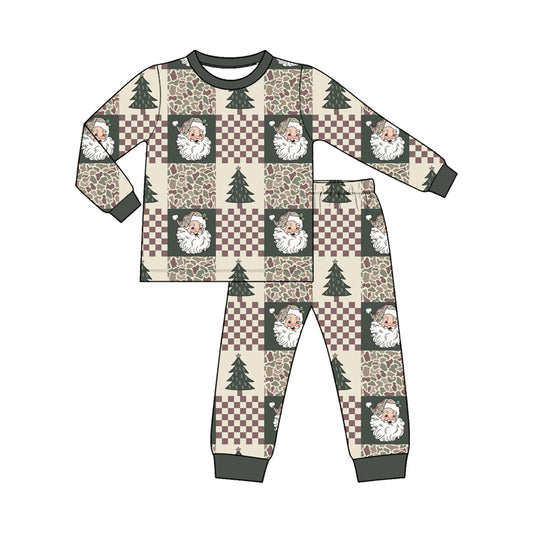 Preorder BLP1614 Baby Boy Clothes Vintage Santa Checkerboard Christmas Patchwork Print Long-sleeve Pajama Loungewear Set