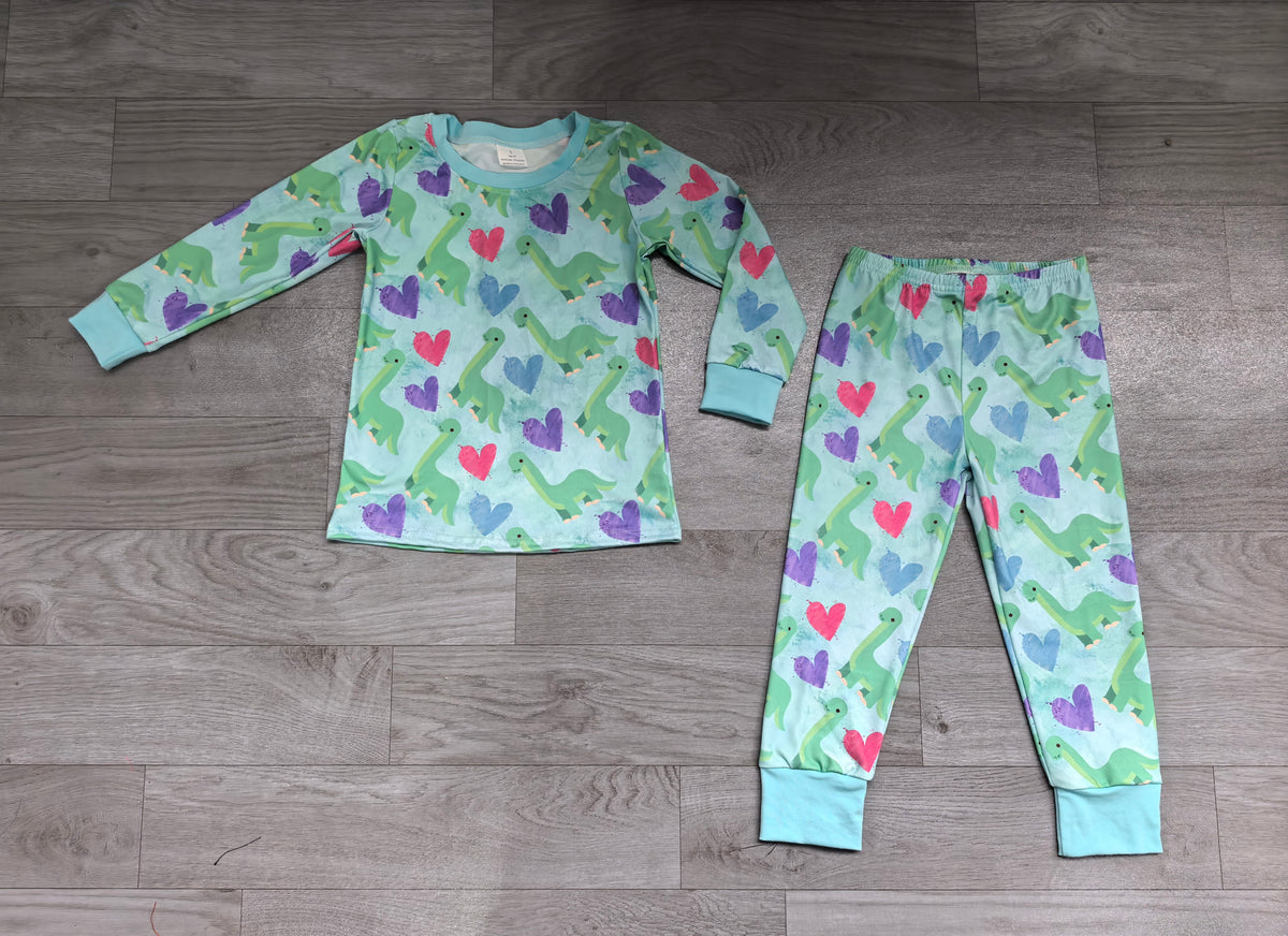 Sample-Real Pics BLP1638 Baby Girl Clothes Dinosaur Heart Mixed Print Long Sleeve Top And Jogger Pant Set