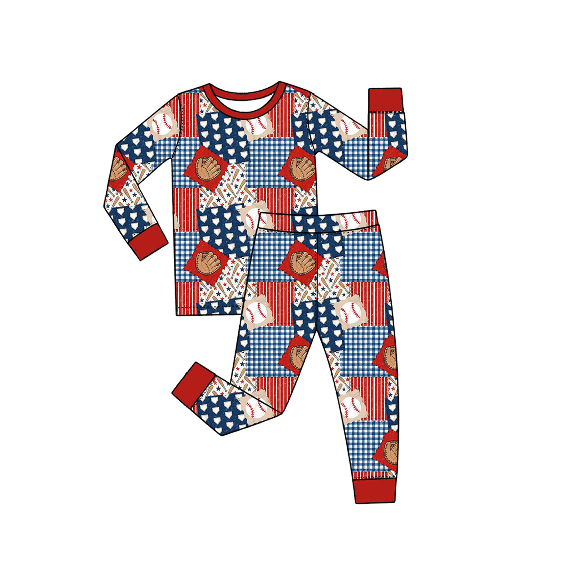 Preorder (moq 5) BLP1642 Baby Boy Clothes Red Blue Baseball Patchwork Mixed Print Long Sleeve Pajama Set