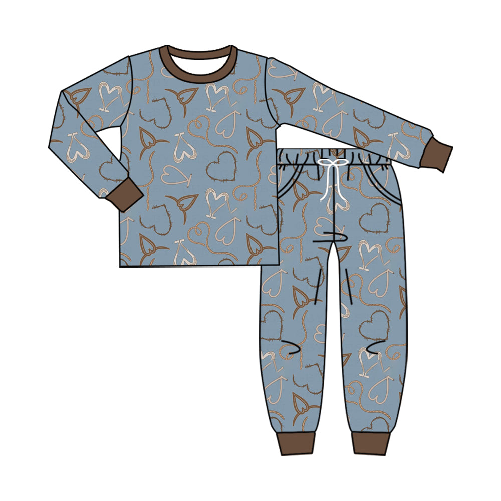 Preorder (moq 5) BLP1646 Baby Girl Clothes Western Rope Heart Mixed Print Long Sleeve Jogger Pant Set